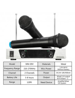 WM-09V VHF Wireless Microphone System Dual Handheld 2 x Mic Cordless Receiver Silver Black