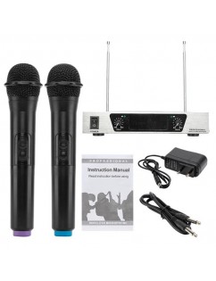 WM-09V VHF Wireless Microphone System Dual Handheld 2 x Mic Cordless Receiver Silver Black