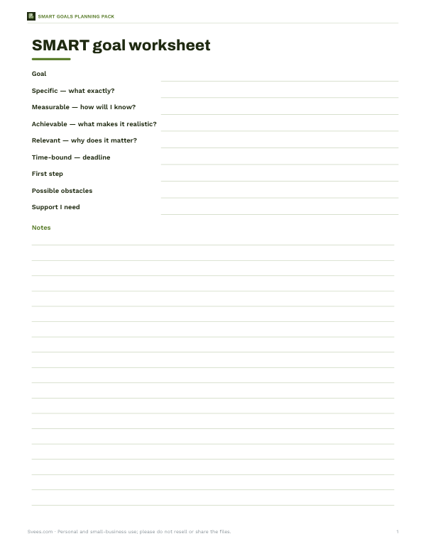 Preview of Printable SMART Goals Worksheet
